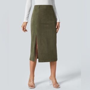 HALARA Corduroy Olive Green Skirt With Slit NEW